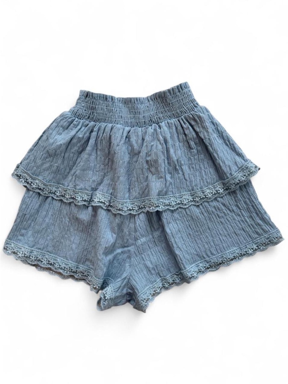 Altar’d State Light Blue Tiered Ruffle Lace Trim Flowy Shorts Size XS